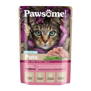 Pawsome Katzen-Nassfutter Senior Pute, 85g Beutel mit Katze, Fleischstückchen und grünen Bohnen.