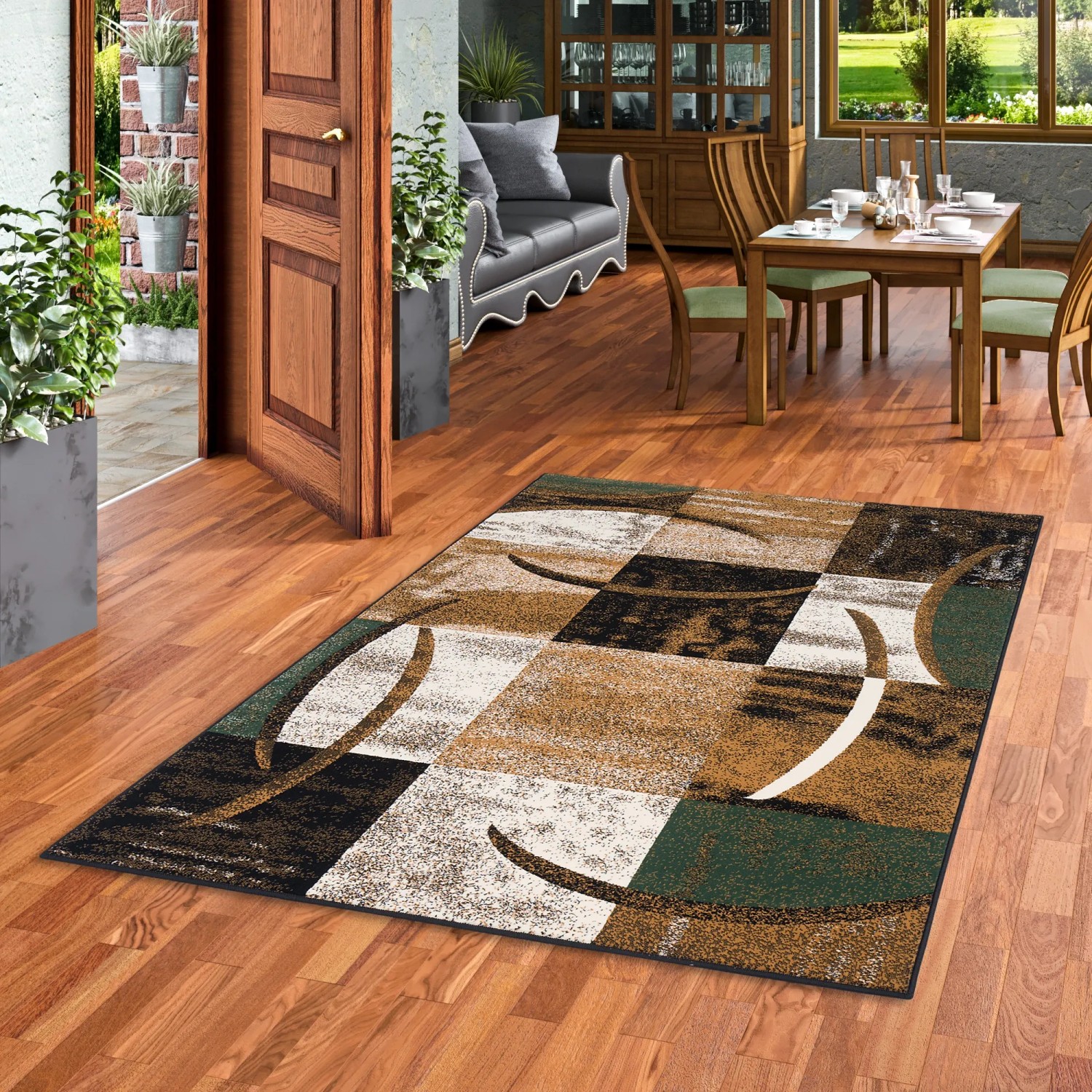 Grüner Designer Teppich 160x230cm mit modernem Muster für Wohnräume.