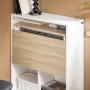 Weißer Klapptisch-Schrank mit naturfarbener Holzoptik-Tischplatte, als Tür geschlossen. Platzsparender Bürotisch mit Regal.