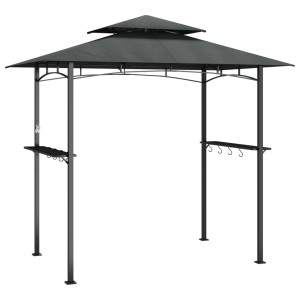 Anthrazit Grillpavillon mit Stahlrahmen, Seitenregalen und Doppeldach für gute Belüftung.