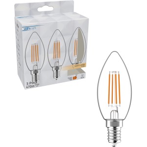 LED-Filament Leuchtmittel E14 Kerzenform C35, 4,5W, 3er-Set. Warmweißes Licht.