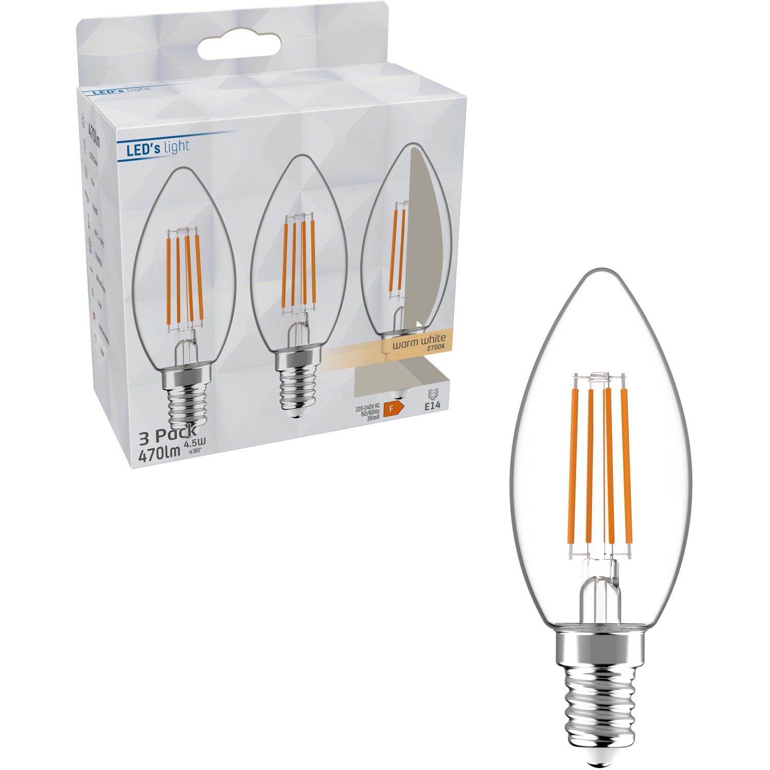 LED-Filament Leuchtmittel E14 Kerzenform C35, 4,5W, 3er-Set. Warmweißes Licht.