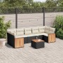 Schwarze 8-tlg. vidaXL Garten-Sofagarnitur aus Rattan mit cremefarbenen Kissen und Akazienholzdetails.