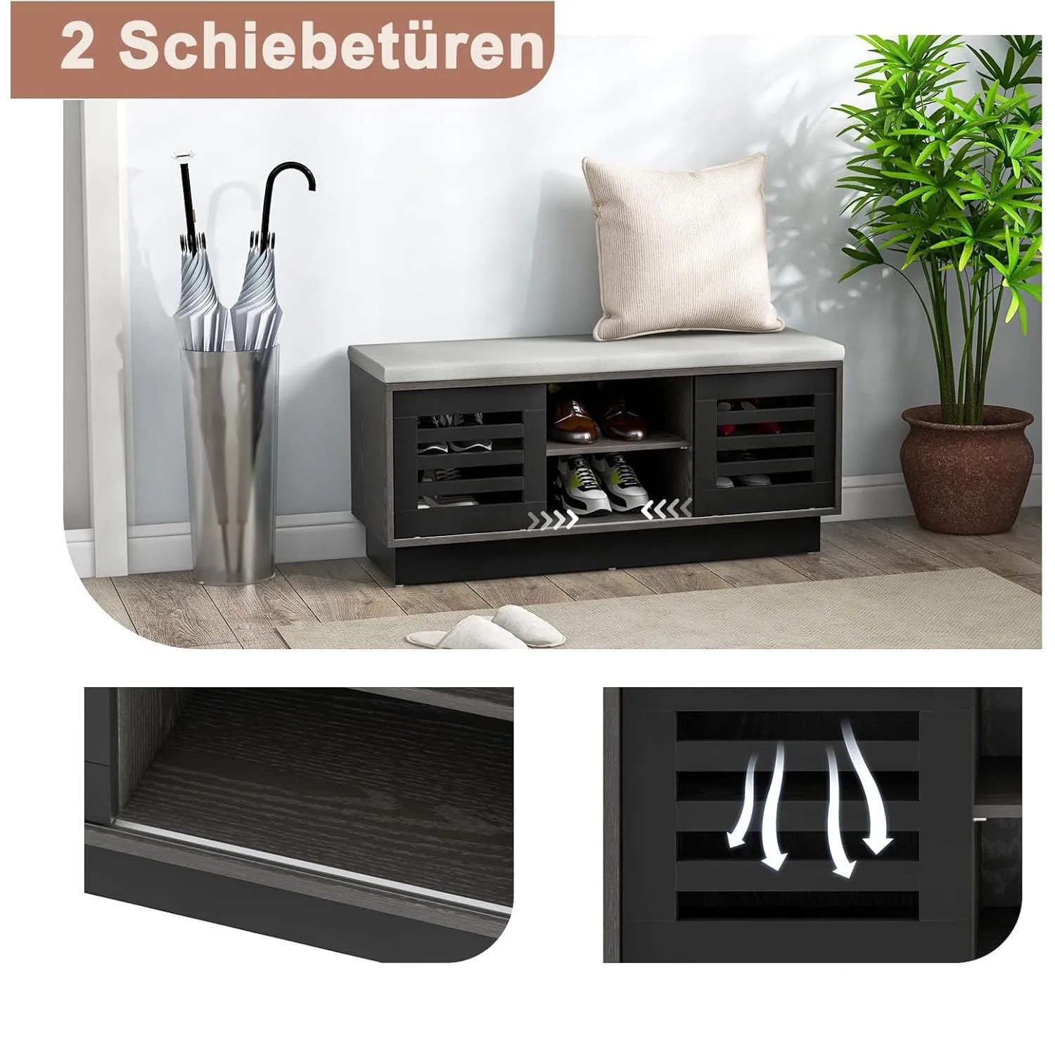 Costway Schuhbank mit 6 Fächern, 3 Ablagen und Sitzkissen, schwarz.