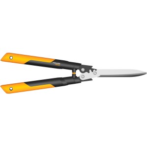 Fiskars Getriebe-Heckenschere PowerGear X HSX92, Hand-Heckenschere mit gelb-schwarzen Griffen und silbernen Klingen.
