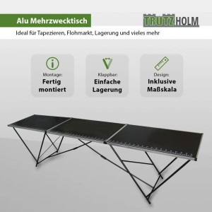 TRUTZHOLM Tapeziertisch, Alu Flohmarkttisch 300x60 cm, klappbar mit Messskala.