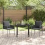 Schwarze 3-teilige Garten Essgruppe aus Poly Rattan mit Tisch und 2 Stühlen.