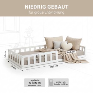 Weißes Kinderbodenbett 90x200 cm aus Kiefernholz mit Rausfallschutz, Lattenrost und Matratze.