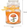 Duftkerze im Bonbonglas mit "Glückspilz"-Motiv und orangefarbenem Band. Kerze Honigmelone Orange.