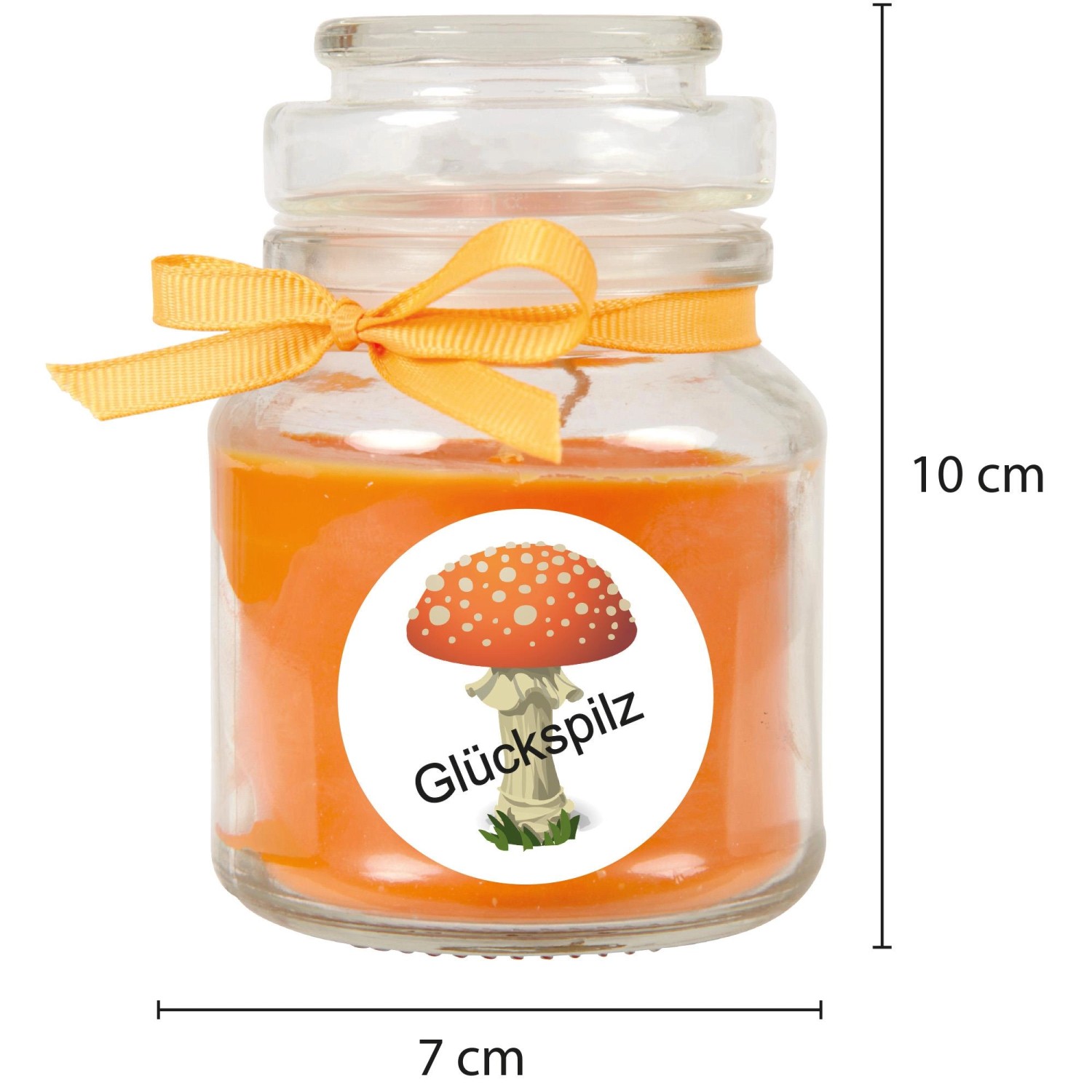 Duftkerze im Bonbonglas mit "Glückspilz"-Motiv und orangefarbenem Band. Kerze Honigmelone Orange.