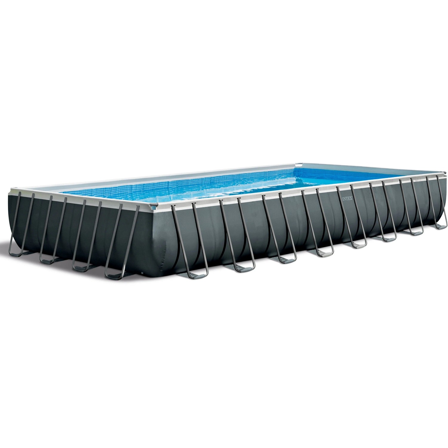 Rechteckiger Intex Frame Pool Ultra Quadra XTR mit Stahlrahmen und blauem Wasser.