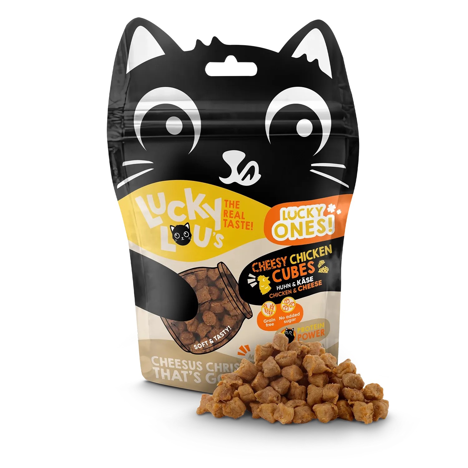 Lucky Lou Katzen-Trockenfutter Cubes Käse & Huhn, 80g Packung und Futterwürfel