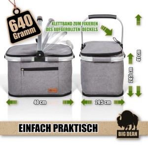 BigDean Kühlkorb, Thermokorb mit 22L Volumen, grau, mit Tragegriff und Reißverschlusstasche.