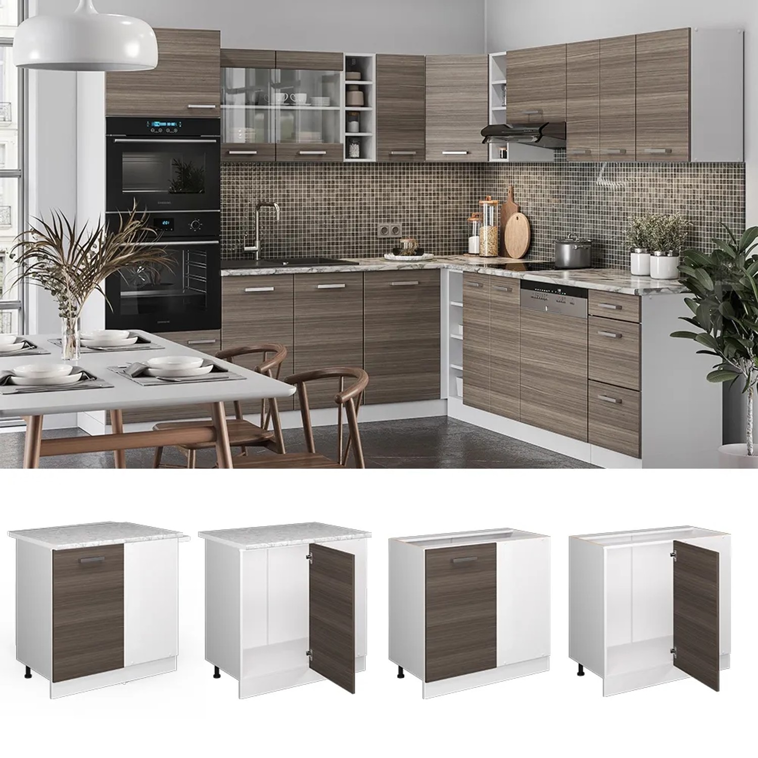 Vicco Eckunterschrank R-Line, grau/weiß mit Marmor Arbeitsplatte, 86 cm, für die Küche.
