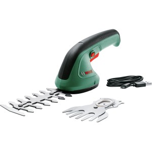 Bosch EasyShear Akku Gras- und Strauchschere mit zwei Messern und USB-Ladekabel.