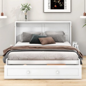 Weißes mobiles Schrankbett 140x200cm aus Kiefernholz/MDF mit Schublade und Regal. Verwandelbares Plattformbett.