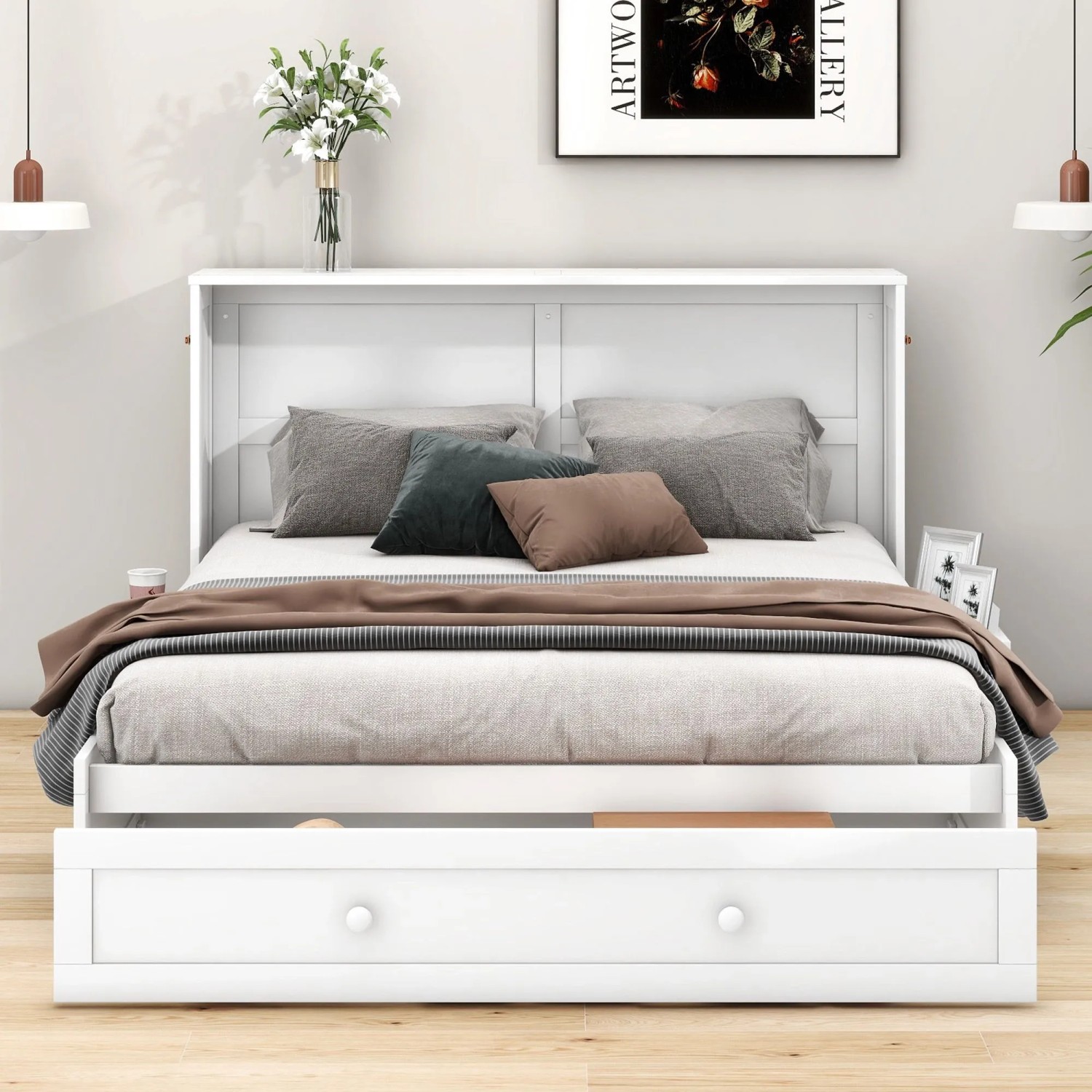 Weißes mobiles Schrankbett 140x200cm aus Kiefernholz/MDF mit Schublade und Regal. Verwandelbares Plattformbett.