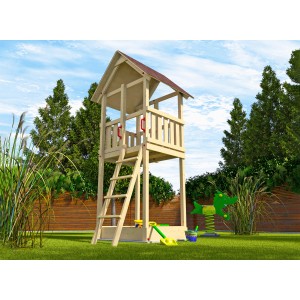 Tabaluga Drachenturm Spielturm mit Satteldach aus naturbelassenem Holz mit Leiter und Sandkasten.