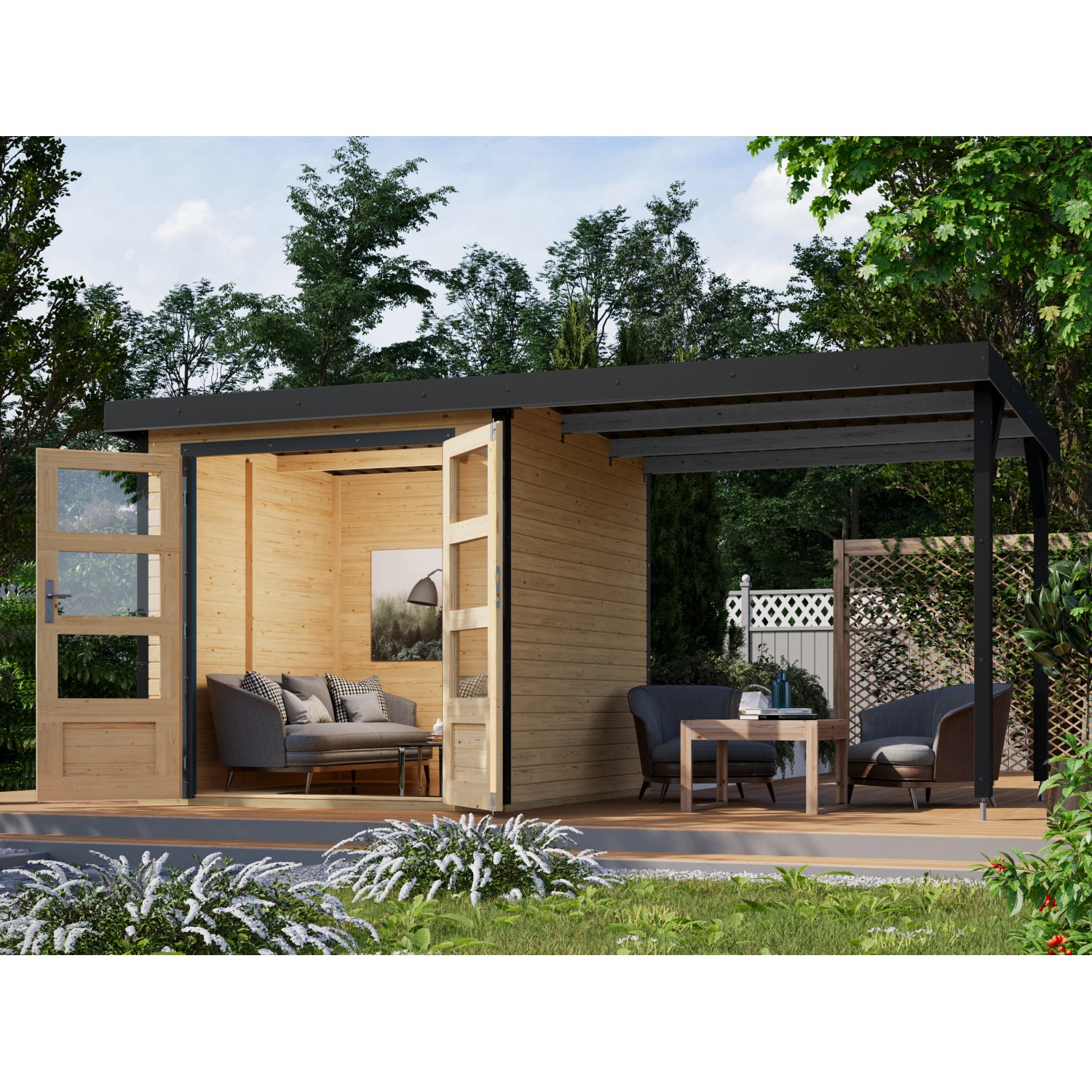 Karibu Gartenhaus/Gerätehaus Set Ernesto A Naturbelassen-Anthrazit mit Anbaudach 4,45 m²