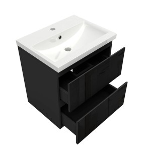 Schwarzer Hochglanz Waschtisch 50cm mit weißem Keramik Waschbecken und zwei offenen Schubladen. Modernes Badmöbel Set.