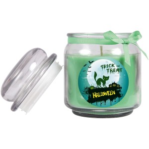 Grüne Halloween Duftkerze im Glas mit Deckel und "Trick or Treat" Motiv. Brenndauer 70h.