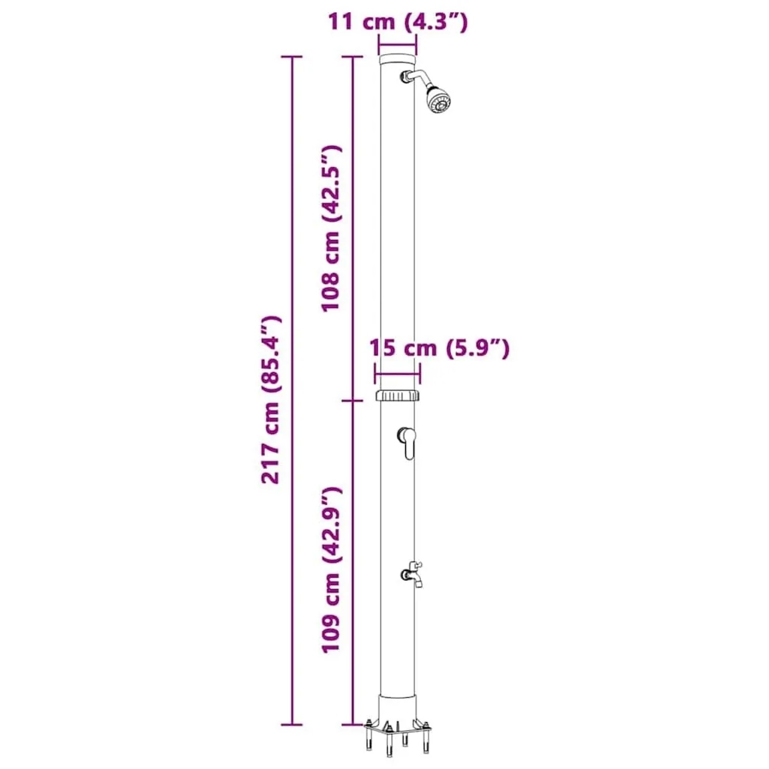 Schwarze vidaXL Solar-Außendusche, 217 cm hoch, aus PVC und Aluminium.