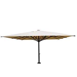Quadratischer, creme-farbener MCW Gastronomie-Sonnenschirm mit Kurbelmechanismus und stabilem Mast.