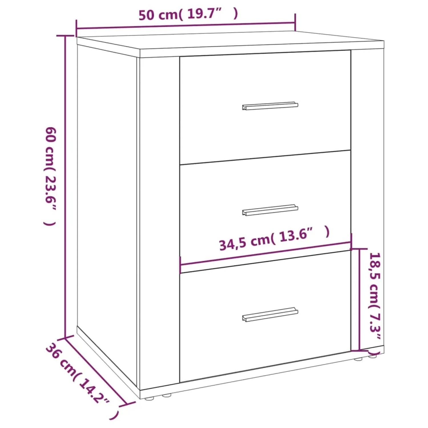 vidaXL Nachttisch Grau Sonoma, 50x36x60 cm, Holzwerkstoff, mit 3 Schubladen.