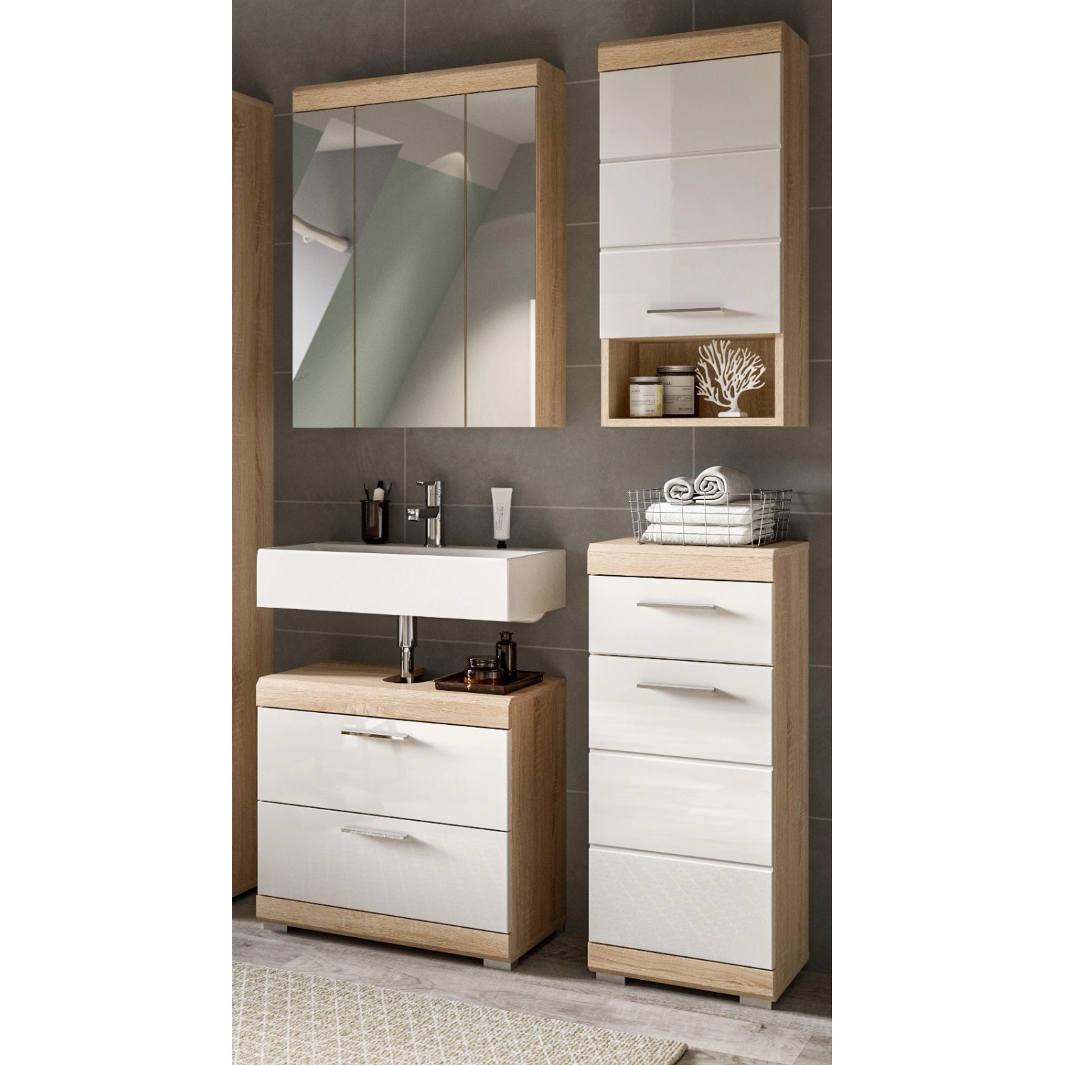 Inn.Furn Badmöbel Set in Weiß Hochglanz und Eiche 4-teilig 112 cm Mambo günstig online kaufen