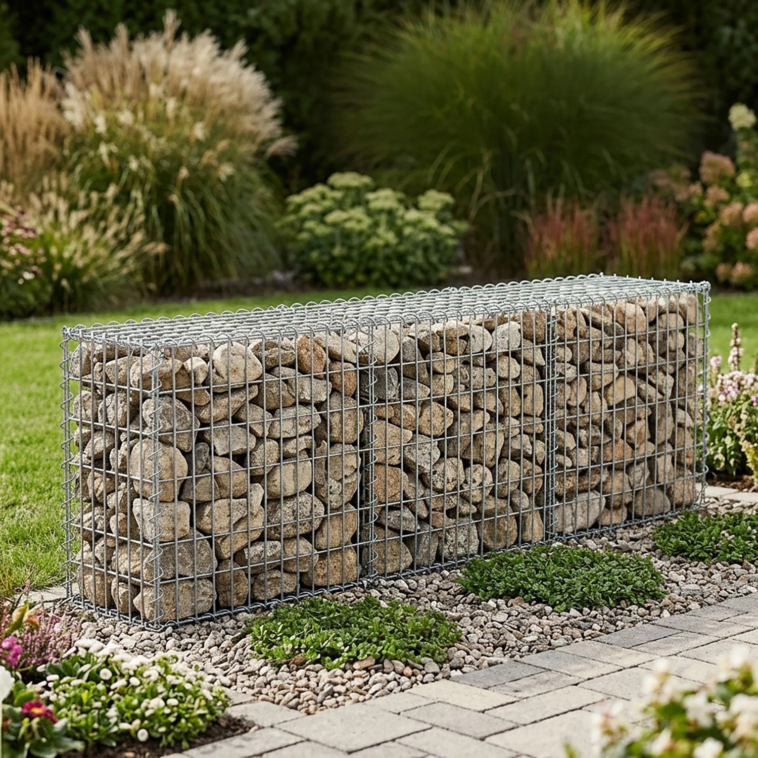 Rechteckige Gabione aus silbernem, verzinktem Stahlgitter, mit Steinen gefüllt, im Garten. Ideal für Sichtschutz.