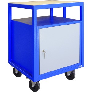 Blaue Güde Roll Werkbank P 600 T mit Fachböden und Rollen.