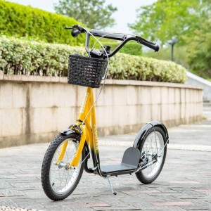 Gelb-schwarzer HOMCOM Kinderroller mit Korb und verstellbarer Höhe.
