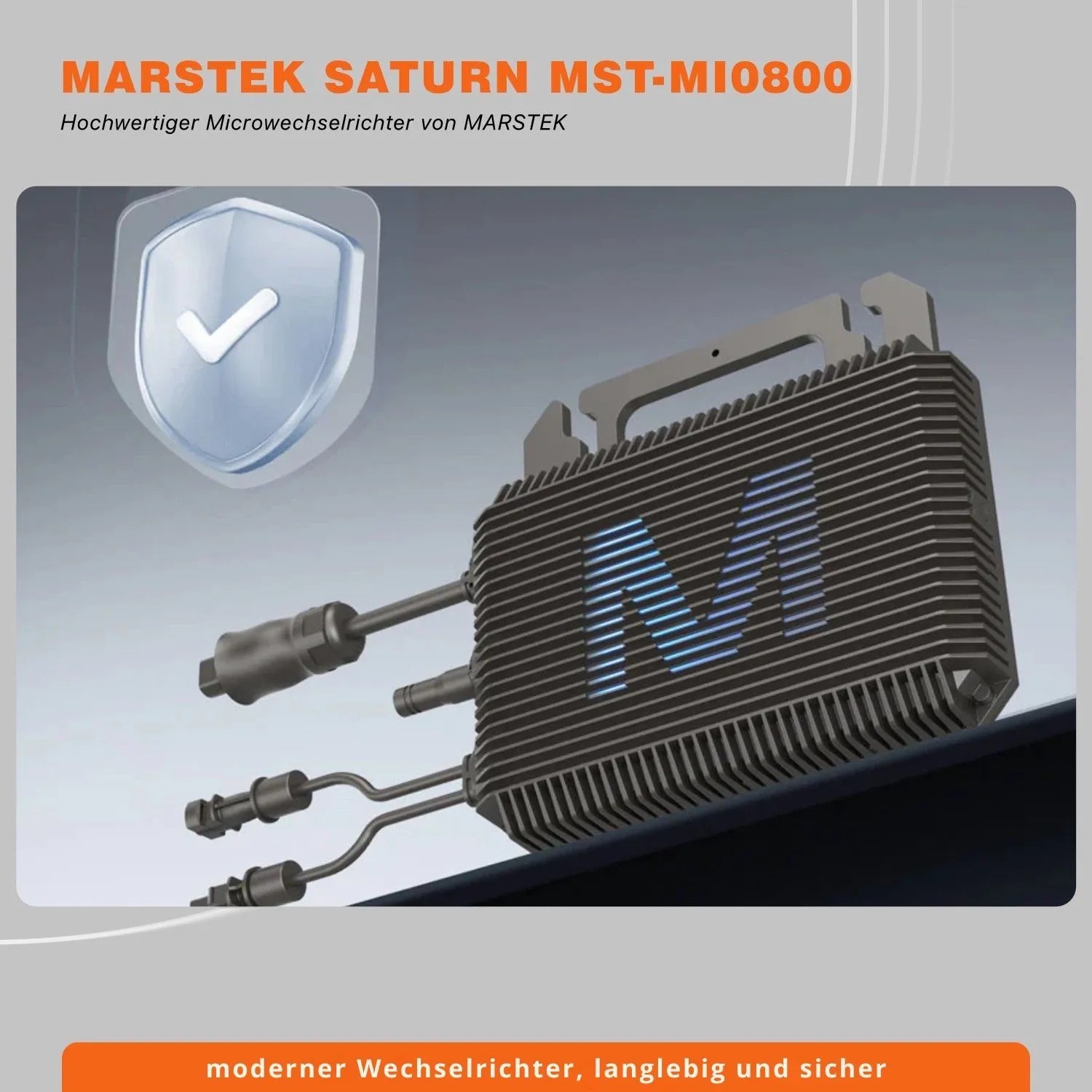 Marstek SATURN MST-MI0800 Micro-Wechselrichter für Solaranlagen. Dunkelgraues Gerät mit blauer M-Beleuchtung und Anschlüssen.