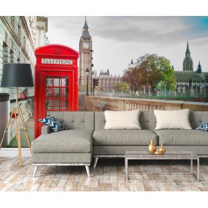 Fototapete London mit roter Telefonzelle und Big Ben, ideal für Wohnzimmer.