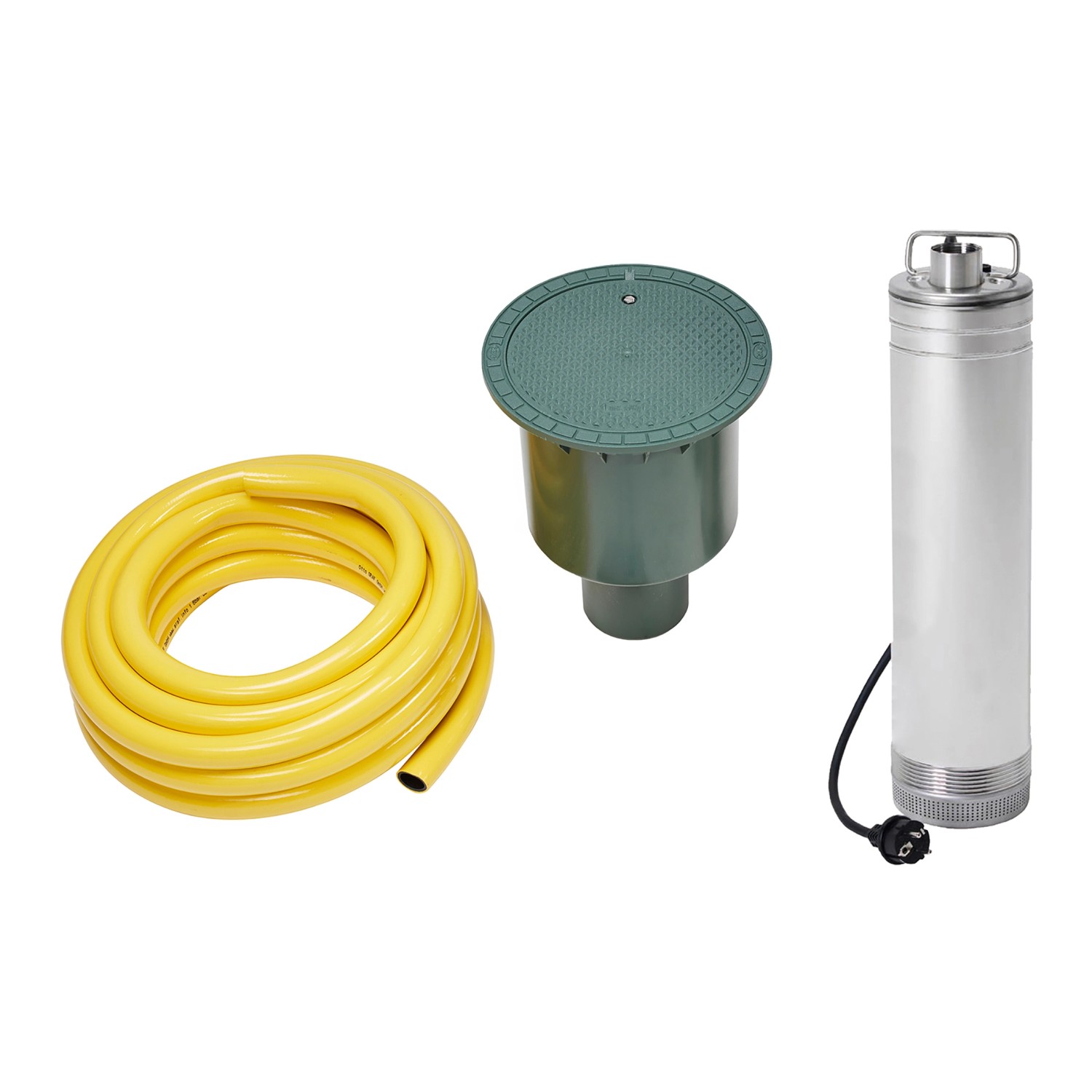 4rain Flachtank-Paket Flat S 6.000 l: Gelber Schlauch, grüner Domschacht und Pumpe für den Garten.