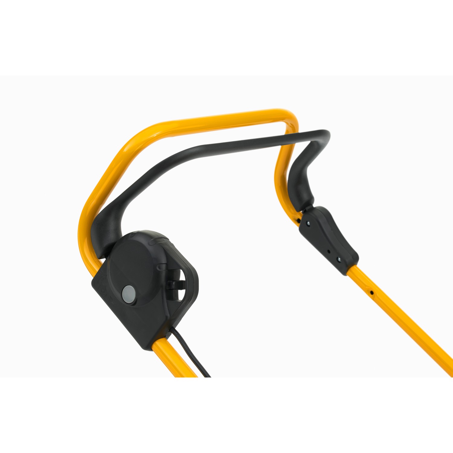 Detailaufnahme des gelben Griffs vom Stiga Akku-Rasenmäher Collector 543 AE.