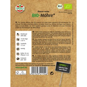 Sperli Bio-Möhren Jeanette/Nantaise Saatgutpackung mit Infos zu Anbau und Ernte.