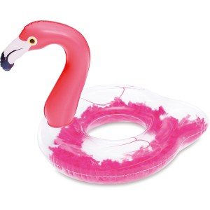 Aufblasbarer Schwimmring im Flamingo-Design (107x80cm) mit Federn gefüllt.