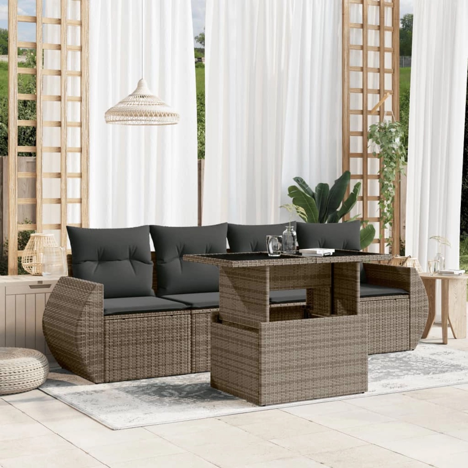Graue 5-tlg. vidaXL Garten-Sofagarnitur aus Polyrattan mit Tisch und Kissen.