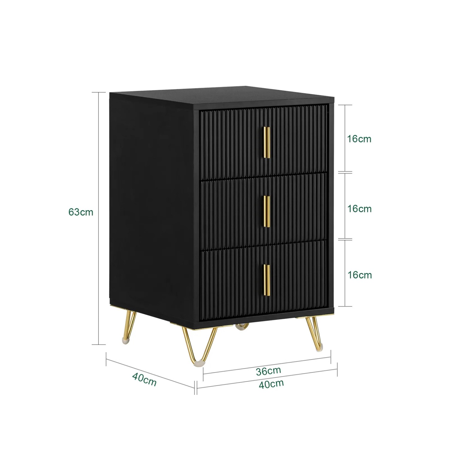 Schwarzer SoBuy Nachttisch FBT115-L-SCH mit 3 Schubladen und goldenen Beinen.