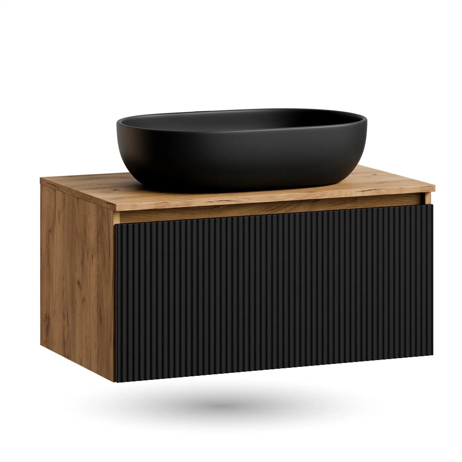 Planetmöbel ARISA Waschtisch 80 cm Schwarz Geriffelt mit Keramik Aufsatzwaschbecken 60 cm in Schwarz Soft Close