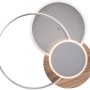 Moderne LED-Deckenleuchte Palma mit Holzdekor und silberfarbenen Ringen, dimmbar und farbsteuerbar.