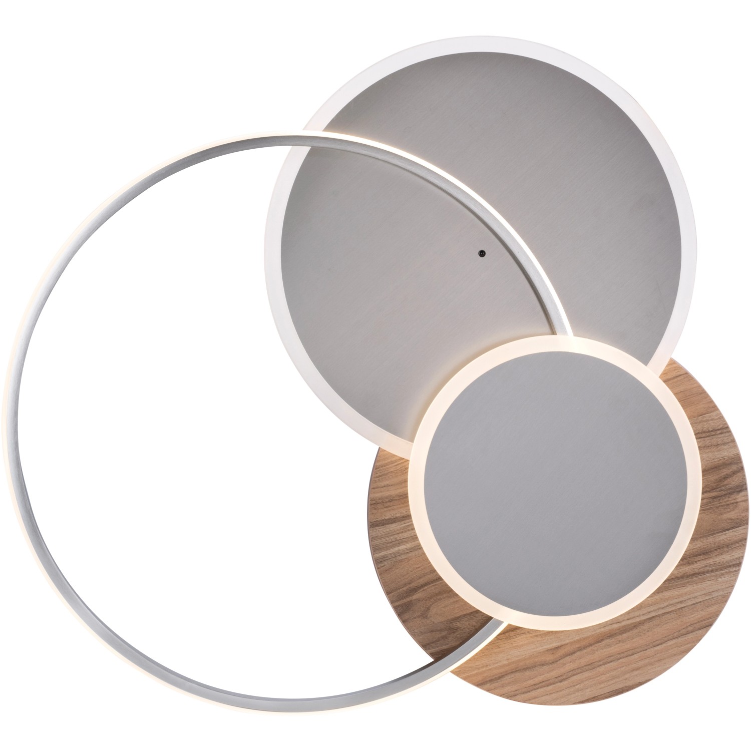 Moderne LED-Deckenleuchte Palma mit Holzdekor und silberfarbenen Ringen, dimmbar und farbsteuerbar.