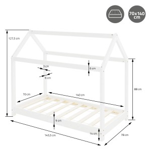 Weißes ML-Design Kinderbett 70x140 cm mit Haus-Dach und Lattenrost, Maße.