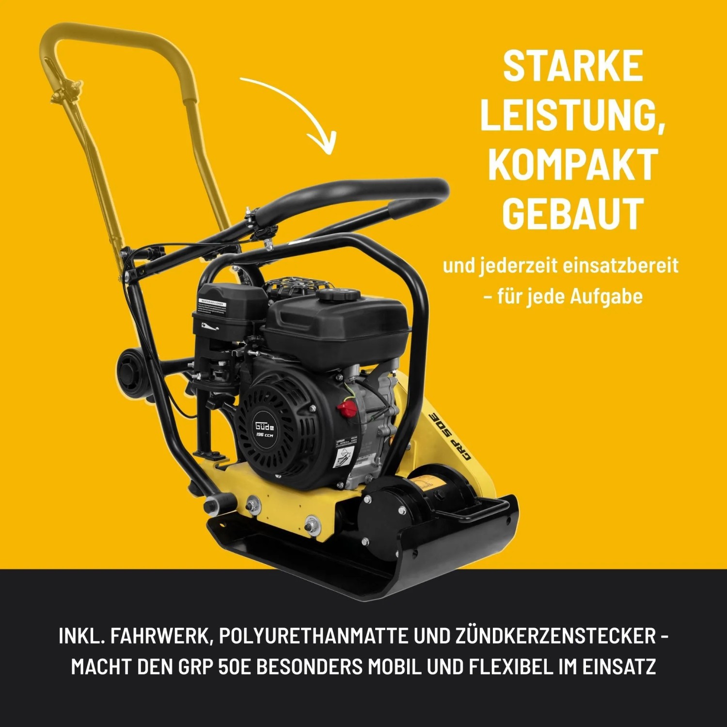 Güde Rüttelplatte GRP 50E, gelb/schwarz, mit Fahrwerk und Polyurethanmatte.