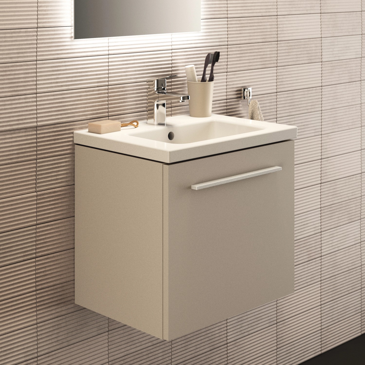 Ideal Standard i.life S Möbelwaschtisch 51 cm, Weiß, mit Unterschrank und Armatur.