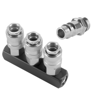 STAHLWERK 3-fach Druckluft-Verteiler mit Schnellkupplungen und Stecknippel, Zubehör für Kompressoren.
