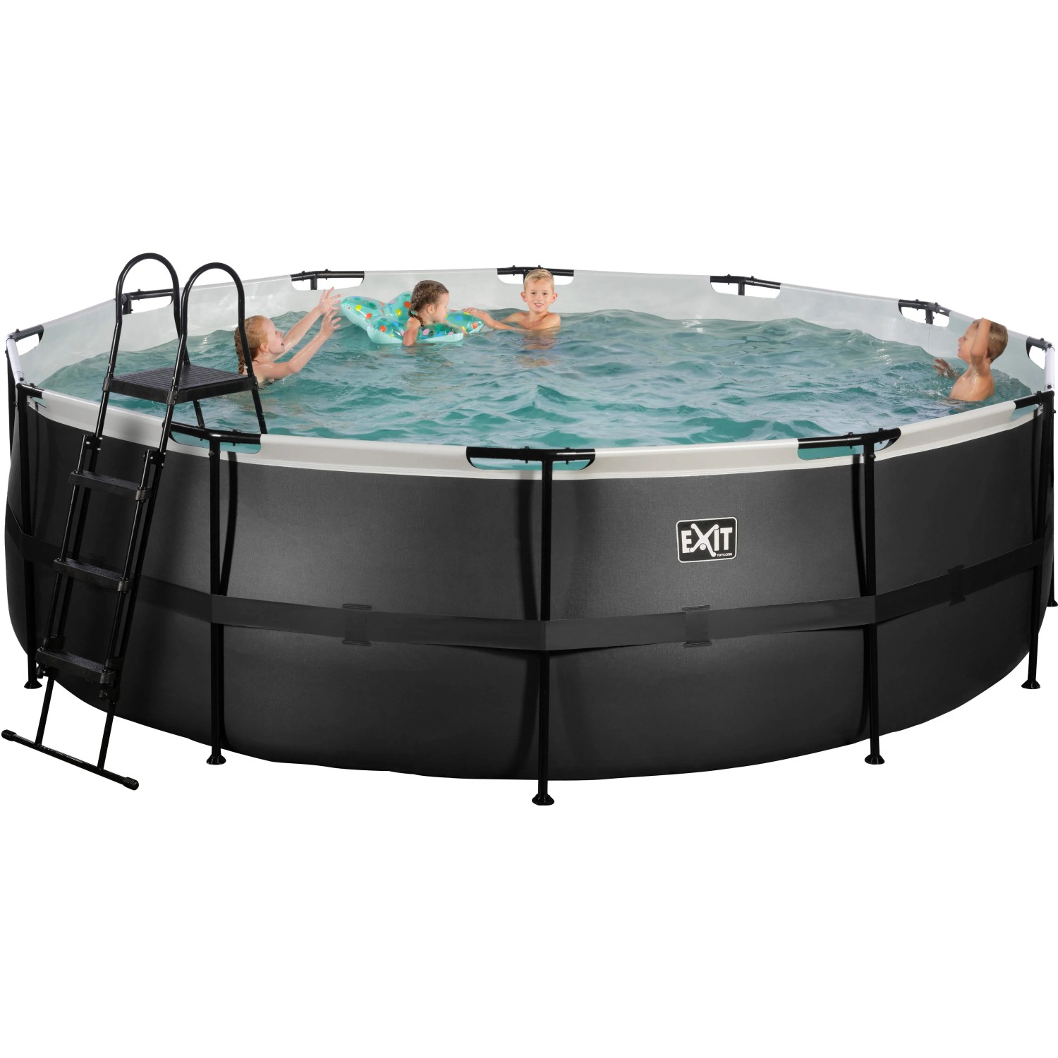 Schwarzer Exit Black Leather Pool ø 450 cm mit Leiter und spielenden Kindern.