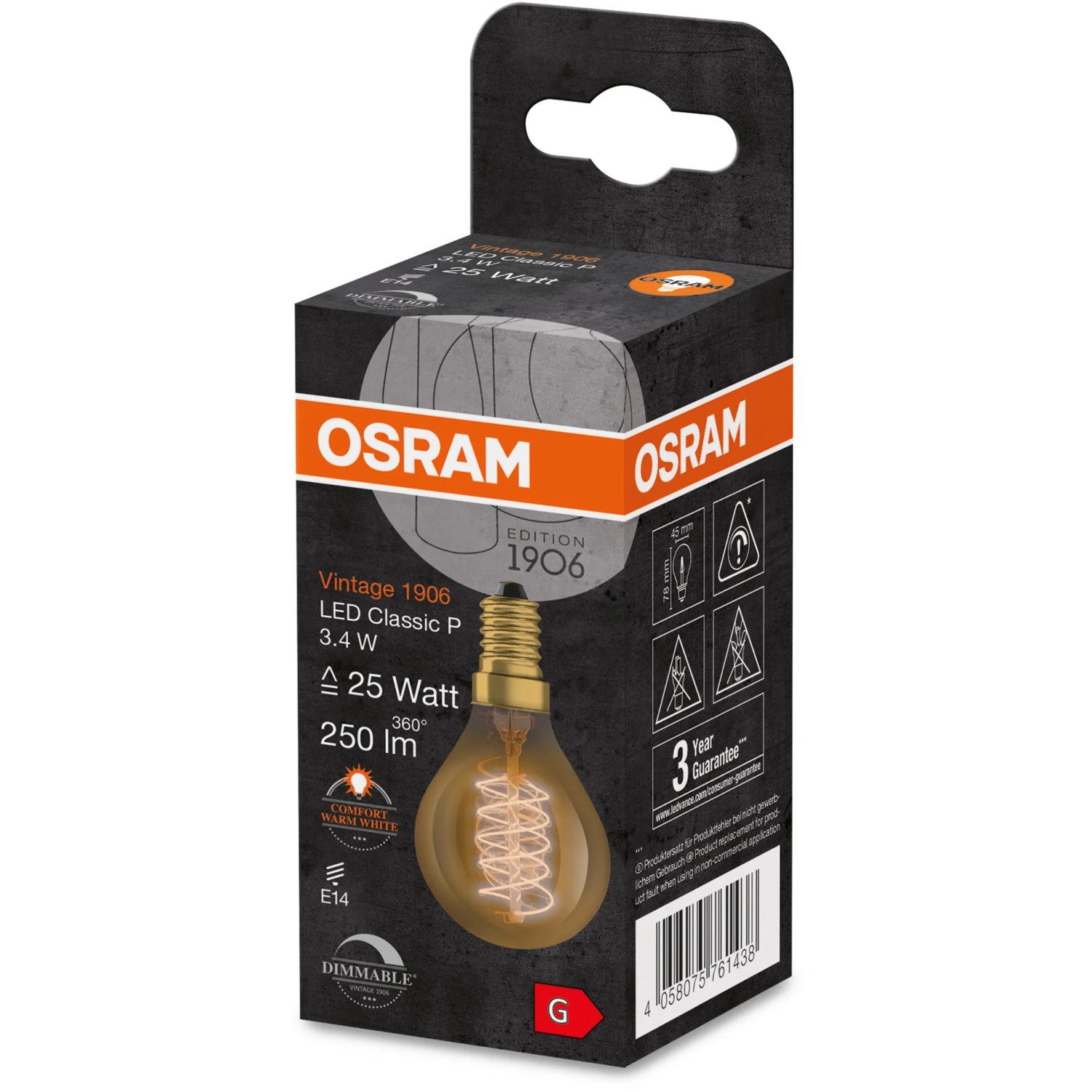 Osram E14 LED-Leuchtmittel in Tropfenform, 3,4W, warmweiß, dimmbar. Vintage Design.