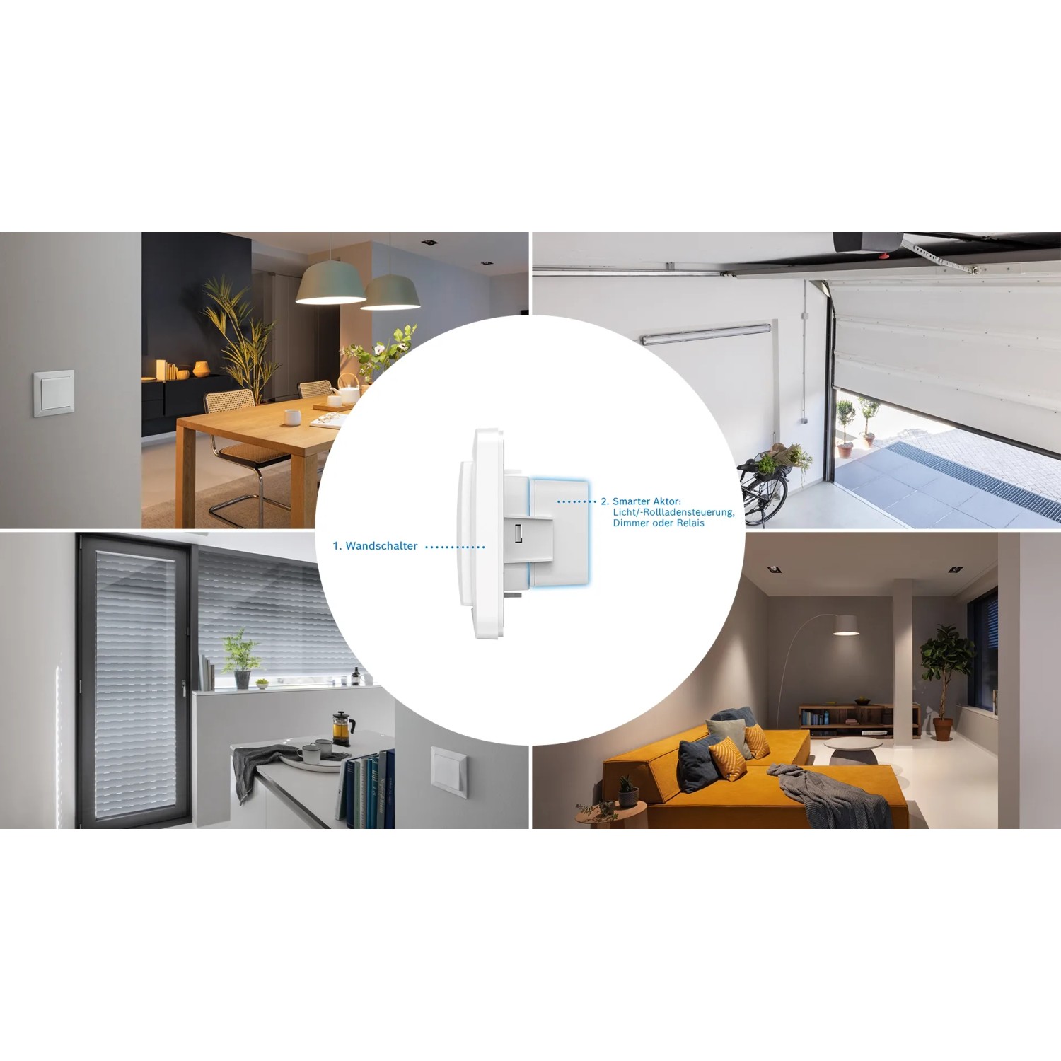 Bosch Smart Home Wandschalter für smarte Aktoren in verschiedenen Wohnsituationen.